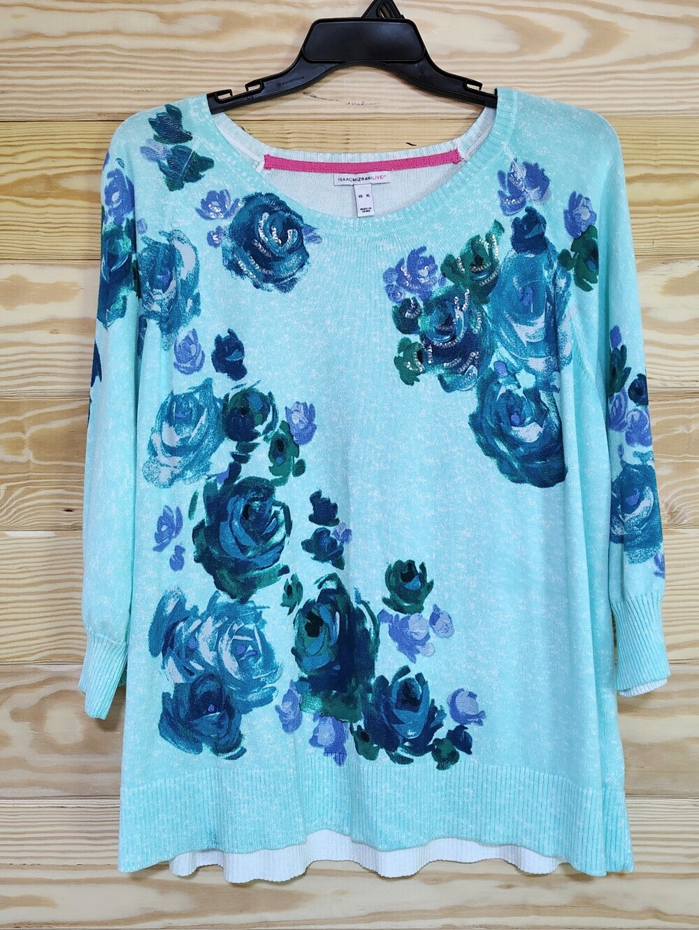 Isaac Mizrahi Live Top XL Floral Aqua Blue Sequin Knit Tunic Sweater Art To Wear